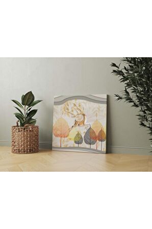 Yapraklar Ve Ceylan Halı Deseni Dekoratif Kare Kanvas Tablo