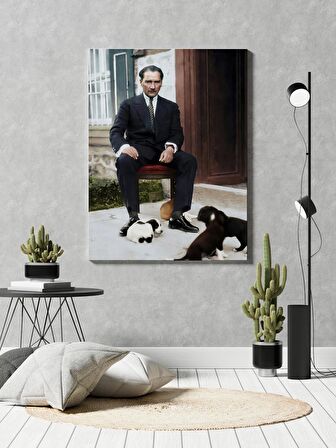 M. Kemal Atatürk Minik Köpeklerle Oynarken Portre Dekoratif Dikey Kanvas Tablo