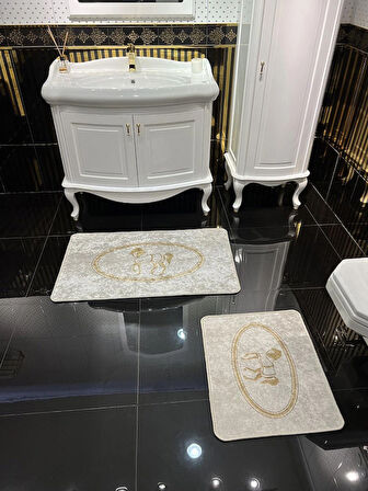 At Desen Horse Desenli 2'li Kaymaz Taban Banyo Paspas Takımı (60x100 - 60x50) Gold Altın