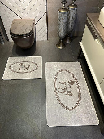 At Desen Horse Desenli 2'li Kaymaz Taban Banyo Paspas Takımı (60x100 - 60x50) Kahve -vizon