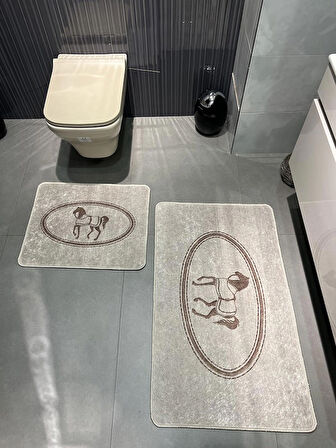 At Desen Horse Desenli 2'li Kaymaz Taban Banyo Paspas Takımı (60x100 - 60x50) Kahve -vizon