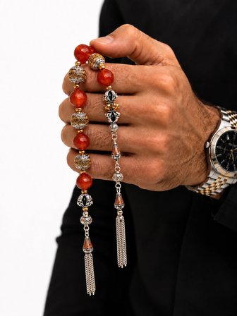 Alnis Atelier Doğal Akik Taşı Zaza Tesbih Erkek Özel Tasarım Çift Püsküllü Hediyelik Tesbih 27 cm