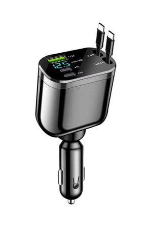 YK Design M4 5in1 Makaralı ve Dijital Ekranlı Hızlı Araç Şarj Cihazı (PD + 3.1A USB)