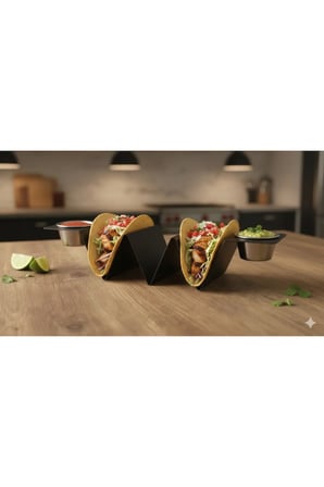 Modern Tasarım 3 Bölmeli Taco Standı ve Sosluk Seti - Mat Siyah Metal Taco