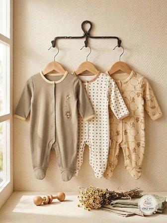 Gökçe Baby %100 Pamuklu Doğal Toprak Tonları ve Ayıcık Desenli 3'lü Bebek Tulum Seti