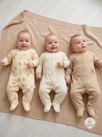 Gökçe Baby %100 Pamuklu Doğal Toprak Tonları ve Ayıcık Desenli 3'lü Bebek Tulum Seti