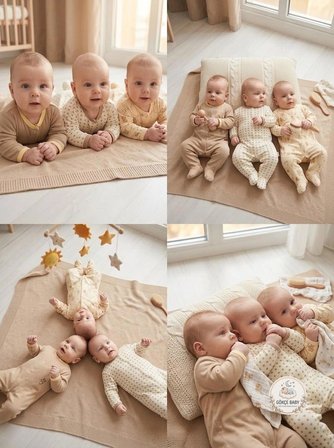 Gökçe Baby %100 Pamuklu Doğal Toprak Tonları ve Ayıcık Desenli 3'lü Bebek Tulum Seti