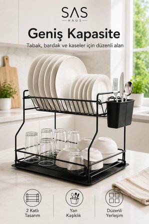 SAS Haus 2 Katlı Metal Bulaşıklık Kaşıklıklı ve Damlalıklı Tezgâh Üstü Bulaşık Kurutmalık DTB-02