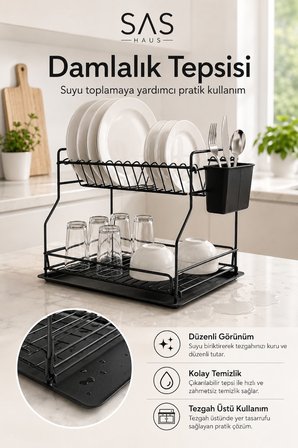 SAS Haus 2 Katlı Metal Bulaşıklık Kaşıklıklı ve Damlalıklı Tezgâh Üstü Bulaşık Kurutmalık DTB-02