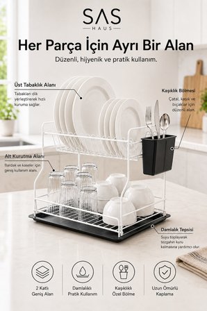 SAS Haus 2 Katlı Metal Bulaşıklık Kaşıklıklı ve Damlalıklı Tezgâh Üstü Bulaşık Kurutmalık DTB-02