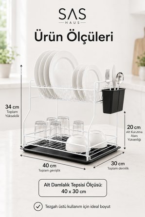 SAS Haus 2 Katlı Metal Bulaşıklık Kaşıklıklı ve Damlalıklı Tezgâh Üstü Bulaşık Kurutmalık DTB-02