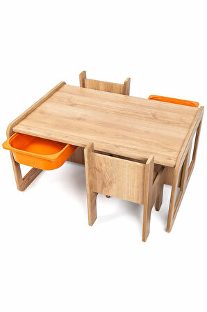 Industrial Living 2 Kişilik Çocuk Masası – Ceviz MDF - Turuncu Çekmeceli