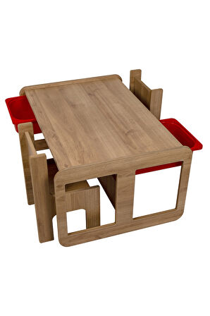 Industrial Living 2 Kişilik Çocuk Masası – Ceviz MDF - Kırmızı Çekmeceli