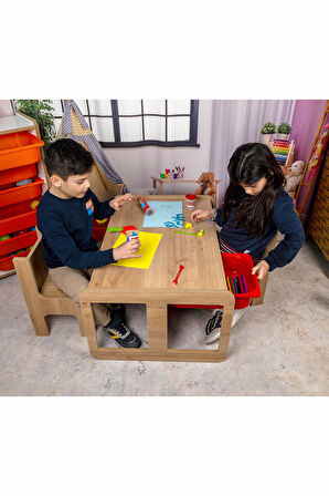 Industrial Living 2 Kişilik Çocuk Masası – Ceviz MDF - Gri Çekmeceli