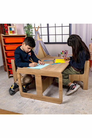 Industrial Living 2 Kişilik Çocuk Masası – Ceviz MDF - Gri Çekmeceli