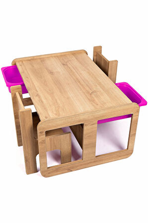 Industrial Living 2 Kişilik Çocuk Masası – Ceviz MDF - Lila Çekmeceli