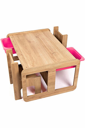 Industrial Living 2 Kişilik Çocuk Masası – Ceviz MDF - Pembe Çekmeceli