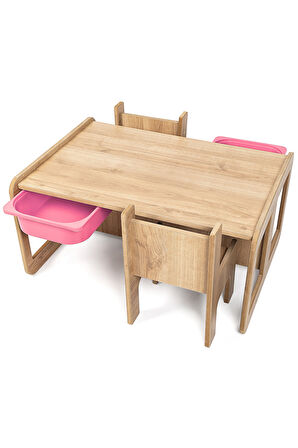 Industrial Living 2 Kişilik Çocuk Masası – Ceviz MDF - Pembe Çekmeceli