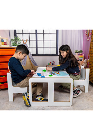 Industrial Living 2 Kişilik Çocuk Masası – Beyaz MDF - Turuncu Çekmeceli