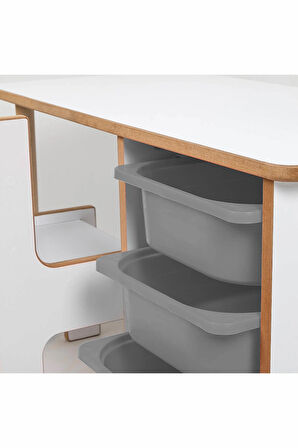 Industrial Living 3 Çekmeceli Çocuk Etkinlik Masası - Beyaz MDF - Gri Çekmeceli