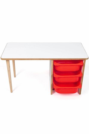 Industrial Living 3 Çekmeceli Çocuk Etkinlik Masası - Beyaz MDF - Kırmızı Çekmeceli