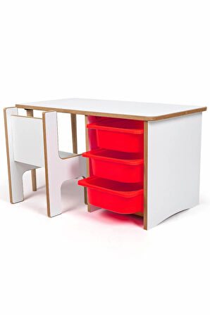 Industrial Living 3 Çekmeceli Çocuk Etkinlik Masası - Beyaz MDF - Kırmızı Çekmeceli