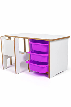 Industrial Living 3 Çekmeceli Çocuk Etkinlik Masası - Beyaz MDF - Lila Çekmeceli