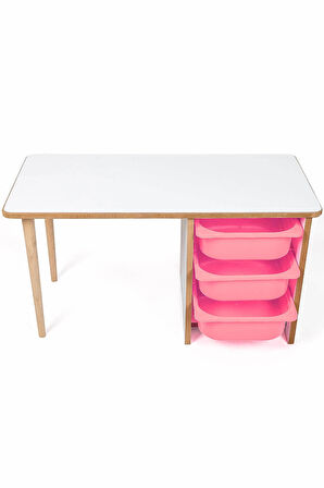 Industrial Living 3 Çekmeceli Çocuk Etkinlik Masası - Beyaz MDF - Pembe Çekmeceli