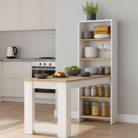 Masa Raflı Dekoratif Mutfak Yemek Masası,Sepet Ceviz – Beyaz