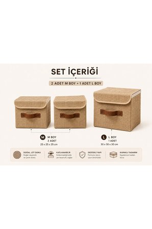 Jüt Kumaş Kapaklı Ev Düzen Seti 3lü Organizer Kutu (2 Adet M + 1 Adet L) Katlanabilir Düzenleme Kutusu Organizer Seti Dolap, Raf ve Banyo Düzeni İçin