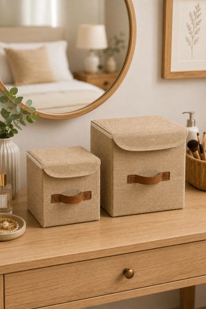 2li Kapaklı Jüt Organizer Kutu Seti 20x20x20 cm - 25x25x25 cm Katlanabilir Düzenleme Kutusu Organizer Seti Dolap, Raf ve Banyo Düzeni İçin