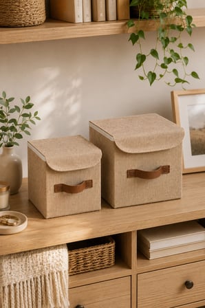 2li Kapaklı Jüt Organizer Kutu Seti 20x20x20 cm - 25x25x25 cm Katlanabilir Düzenleme Kutusu Organizer Seti Dolap, Raf ve Banyo Düzeni İçin