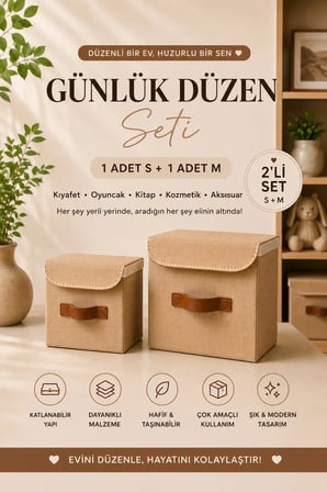 2li Kapaklı Jüt Organizer Kutu Seti 20x20x20 cm - 25x25x25 cm Katlanabilir Düzenleme Kutusu Organizer Seti Dolap, Raf ve Banyo Düzeni İçin