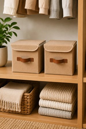 2li Kapaklı Jüt Organizer Kutu Seti 20x20x20 cm Katlanabilir Düzenleme Kutusu Organizer Seti Dolap, Raf ve Banyo Düzeni İçin