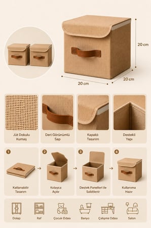 2li Kapaklı Jüt Organizer Kutu Seti 20x20x20 cm Katlanabilir Düzenleme Kutusu Organizer Seti Dolap, Raf ve Banyo Düzeni İçin