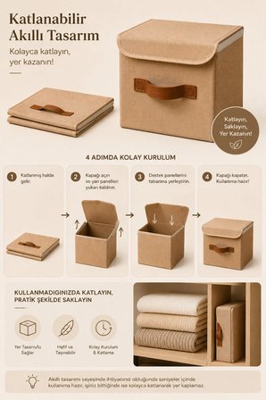 2li Kapaklı Jüt Organizer Kutu Seti 20x20x20 cm Katlanabilir Düzenleme Kutusu Organizer Seti Dolap, Raf ve Banyo Düzeni İçin