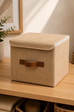 Kapaklı Jüt Saklama Kutusu 25x25x25 cm Katlanabilir Dolap Düzenleyici Raf Organizer