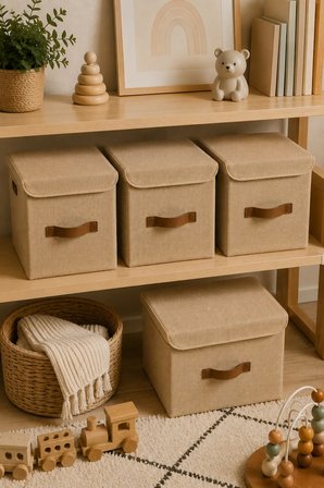 Kapaklı Jüt Saklama Kutusu 25x25x25 cm Katlanabilir Dolap Düzenleyici Raf Organizer