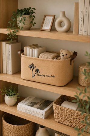 Jüt Kumaş Düzenleyici Sepet 30x21x18 cm Açık Ağızlı Organizer Sepeti Raf Dolap Banyo Düzenleyici
