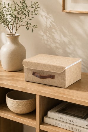 Kapaklı Jüt Düzenleyici Sepet L Boy 35x26x15 cm Dolap İçi Raf Banyo ve Aksesuar Saklama Kutusu