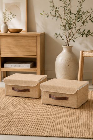 2'li Kapaklı Jüt Düzenleyici M Boy 30x23x13 cm Dolap İçi Raf Tekstil Banyo Organizer Saklama Kutusu