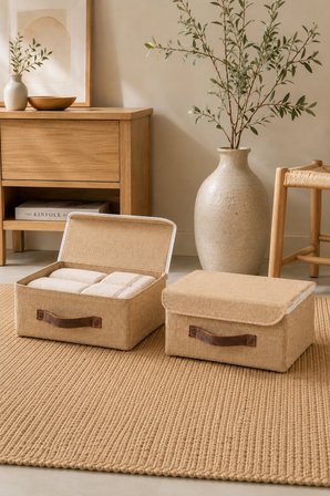 2'li Kapaklı Jüt Düzenleyici M Boy 30x23x13 cm Dolap İçi Raf Tekstil Banyo Organizer Saklama Kutusu