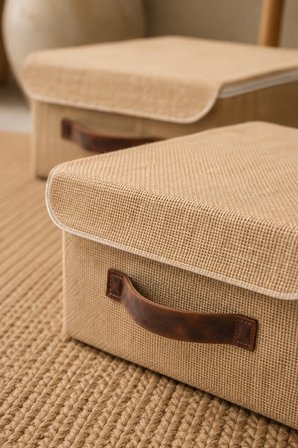 2'li Kapaklı Jüt Düzenleyici M Boy 30x23x13 cm Dolap İçi Raf Tekstil Banyo Organizer Saklama Kutusu