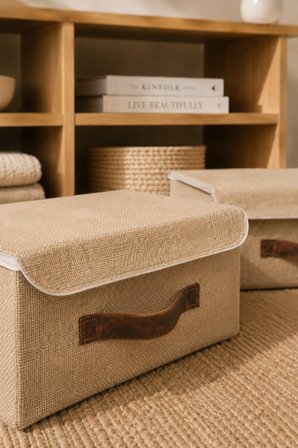 2'li Kapaklı Jüt Düzenleyici M-L Boy 30x23x13 cm + 35x26x15 cm Dolap İçi Raf Organizer Kutusu