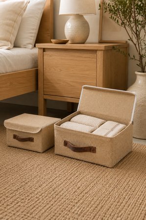 2'li Kapaklı Jüt Düzenleyici M-L Boy 30x23x13 cm + 35x26x15 cm Dolap İçi Raf Organizer Kutusu
