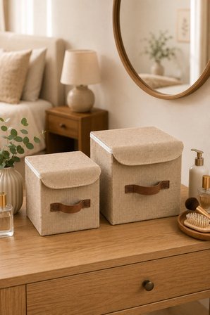 2li kapaklı jüt organizer kutu seti 20x20x20 cm - 25x25x25 cm katlanabilir düzenleme kutusu organizer seti dolap, raf ve banyo düzeni i̇çin