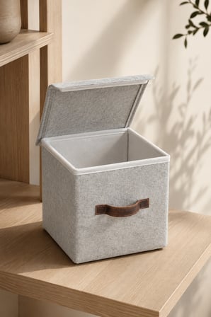Gri Keçe Kapaklı Küp Kutu 25 x 25 x 25 cm Deri Kulplu, Katlanabilir, Çok Amaçlı Saklama ve Düzenleyici Kutu