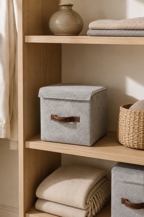 Gri Keçe Kapaklı Küp Kutu 25 x 25 x 25 cm Deri Kulplu, Katlanabilir, Çok Amaçlı Saklama ve Düzenleyici Kutu