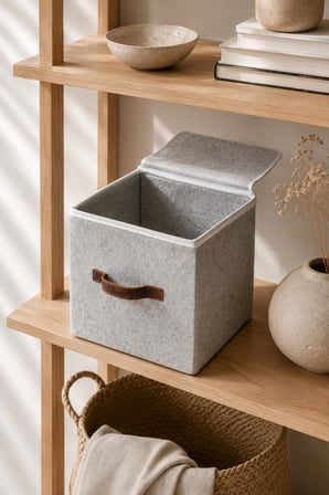 Gri Keçe Kapaklı Küp Kutu 30 x 30 x 30 cm Deri Kulplu, Katlanabilir, Çok Amaçlı Saklama ve Düzenleyici Kutu