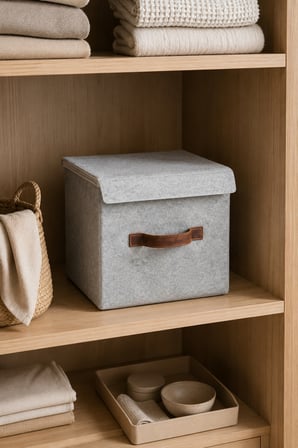Gri Keçe Kapaklı Küp Kutu 30 x 30 x 30 cm Deri Kulplu, Katlanabilir, Çok Amaçlı Saklama ve Düzenleyici Kutu